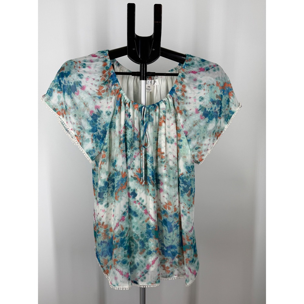 Studio‎ Petite JPR Tie Dye Pom Pom Trim Peasant Blouse Blue Orange PM